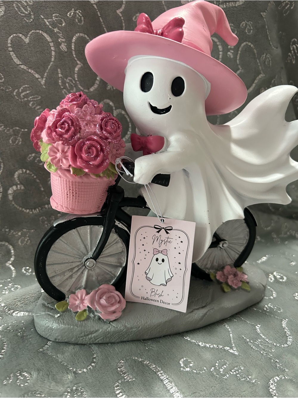 NWT Mystic Blush Ghost Wearing a Pink Witch Hat on Bike Halloween Tabletop Decor